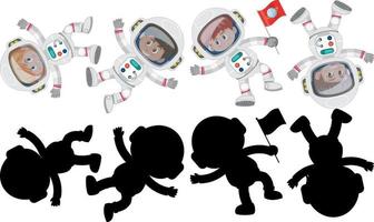 Set of different astronauts cartoon character with silhouette vector