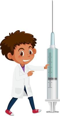 A doctor boy holding vaccine syringe on white background