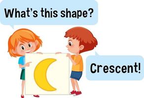 Kids holding crescent shape banner with What's this shape font vector