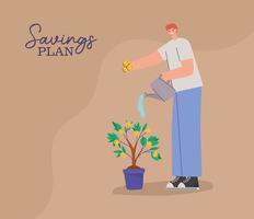 man with one water can in the hand, money tree and saving plan lettering vector