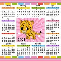 Calendar for 2021 with a cute character. Spotted jaguar. Fun and bright design. Isolated color vector illustration. Cartoon style.