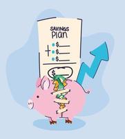 piggy bank full of money and checklist with savings plan vector