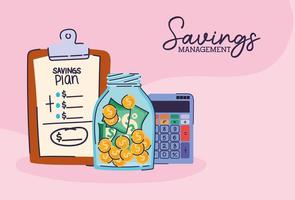 bundle of saving management icons and saving management lettering vector