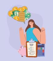 mujer y conjunto de iconos de gestión de ahorro vector