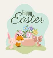 happy easter lettering with one cute pink bunny, fox, bear and one basket full of flowers vector