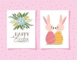 invitation with happy easter lettering and two pink rabbits with easter eggs on a pink background vector