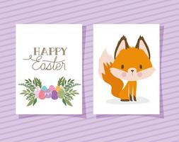 invitation with happy easter lettering with one cute fox and one basket full of easter eggs on a purple background vector