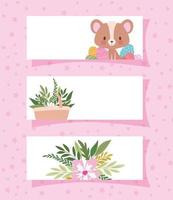 frames with one cute bear and one basket full of plants vector