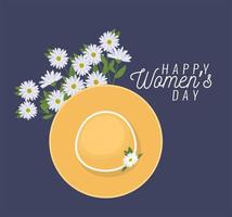 happy womens day lettering and beach hat with a white flowers vector