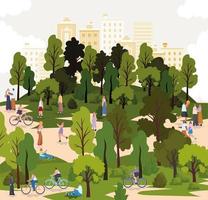 group of people in a park with bycicles vector