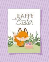 invitation with happy easter lettering with one cute fox and one basket full of easter eggs vector