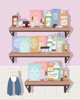 set of skincare icons on a shelf inside of a bathroom vector