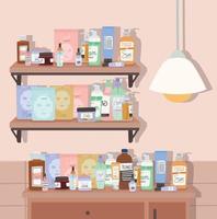 shelf and furniture full of skincare products vector