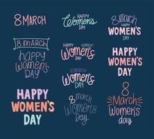 conjunto de leyendas del 8 de marzo feliz día de la mujer vector