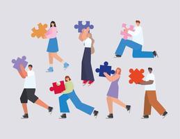 group of people with puzzle pieces on a gray background vector