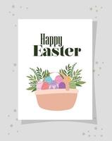 invitation with happy easter lettering and easter eggs on a gray background vector