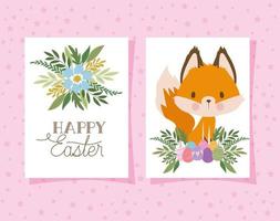 invitation with happy easter lettering with one cute fox and one basket full of easter eggs on a pink background vector