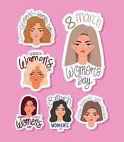 set of 8 march womens day lettering and womens heads vector