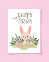 invitation with happy easter lettering,one cute pink bunny and one basket full of easter eggs on a pink background vector