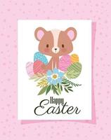 invitation with happy easter lettering,one cute bear and one basket full of easter eggs on a pink background vector