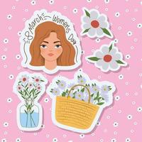 8 de marzo letras del día de la mujer con linda mujer y flores blancas vector