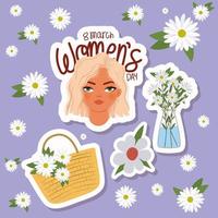 8 de marzo letras del día de la mujer, mujer con cabello rubio y canasta con flores blancas vector