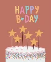 happy birthday lettering with birthday cake and stars candles vector