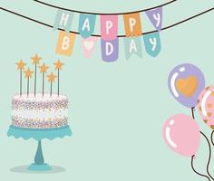 happy birthday garland with birthday cake and balloons on a green background vector