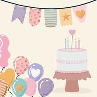pastel de cumpleaños, globos y guirnalda festiva. vector
