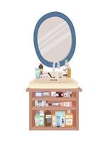 mirror and bundle of skincare icons on a furniture with two drawers vector