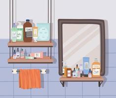 bathroom full of skincare products and one mirror vector