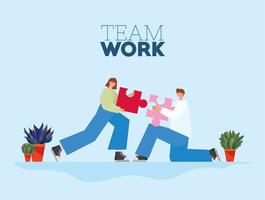 team work lettering and man and woman with one piece of puzzle each on a blue background vector