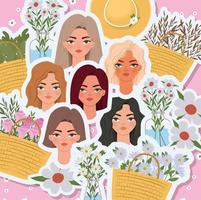 set of 8 march womens day with cute womens heads and basket full with roses vector