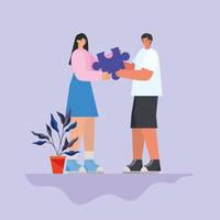 man and woman with purple puzzle piece and plants vector