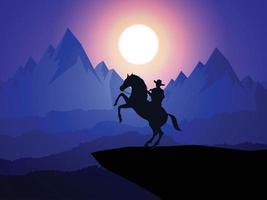 vaquero americano con caballo salvaje oeste luna fondo de paisaje nocturno vector