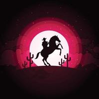 vaquero americano con caballo salvaje oeste luna fondo de paisaje nocturno vector