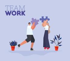 team work lettering and man and woman with one piece of puzzle each vector