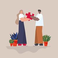 man and woman with red puzzle piece and plants vector