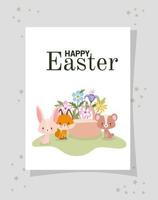 invitation with happy easter lettering,one cute pink bunny, fox, bear and one basket full of flowers vector