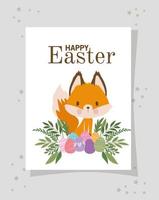 invitation with happy easter lettering with one cute fox and one basket full of easter eggs on a gray background vector