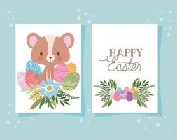 invitation with happy easter lettering,one cute bear and one basket full of easter eggs vector