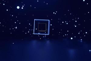 A magical double glass cube floating in blue space among the glare and stars. 3D rendering. photo