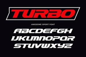 Turbo font. Heavy italic letters, modern type for sport logo, speed race headline, dynamic monogram, lettering and typography. Bold wide style letters, vector typographic design.