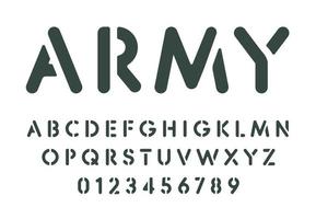 Conjunto de números y letras de la plantilla. Plantilla de plantilla de pintura en aerosol, alfabeto de estilo militar simple. fuente para mensajes en la pared, el ejército o los juegos de combate. diseño de tipografía vectorial. vector