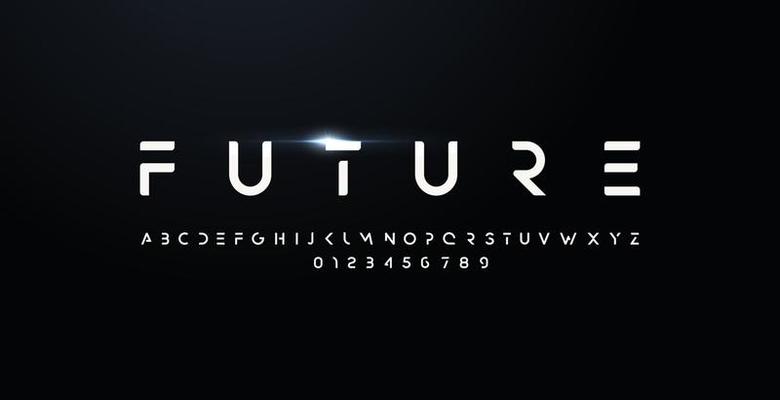 Future style font, bold letters and numbers. Futuristic design type for modern logo. Minimalist vector typography for digital device and hud graphic element. Cropped style alphabet