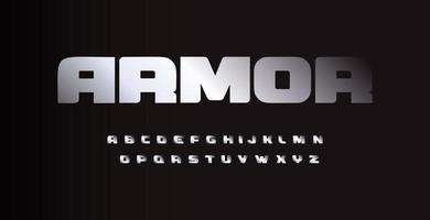 Metal bold austere font, letters with chrome or aluminum metallic texture. Vector typography.