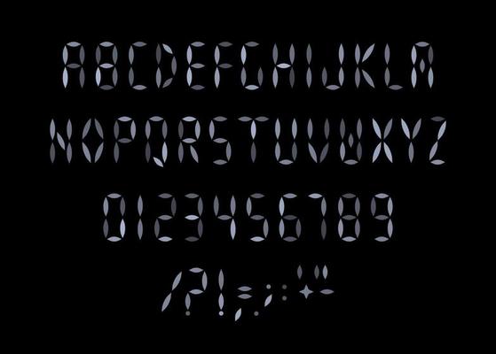 Letters, numbers and signs set for digital scoreboard. Dashes stripes, segments style of alphabet. Font for led display, scoreboard, electronic device screen, digit board. Vector typography design