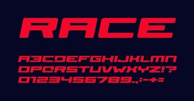 Bold extended geometric style alphabet for auto race modern logo, banner and poster. Red font, heavy italic letters, numbers and signs. Awesome typography design. Vector typeset.