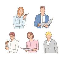 Smiling business people holding papers or pens. hand drawn style vector design illustrations.