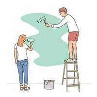 A woman and a man are painting a wall with a paint roller. hand drawn style vector design illustrations.